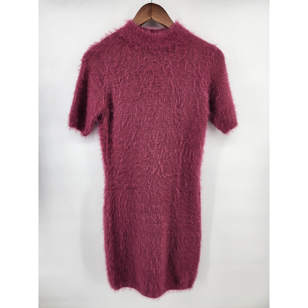 Rihoas Womens Fuzzy Eyelash Knit Mock Neck‎ Short Sleeve Mini Dress Mauve Large